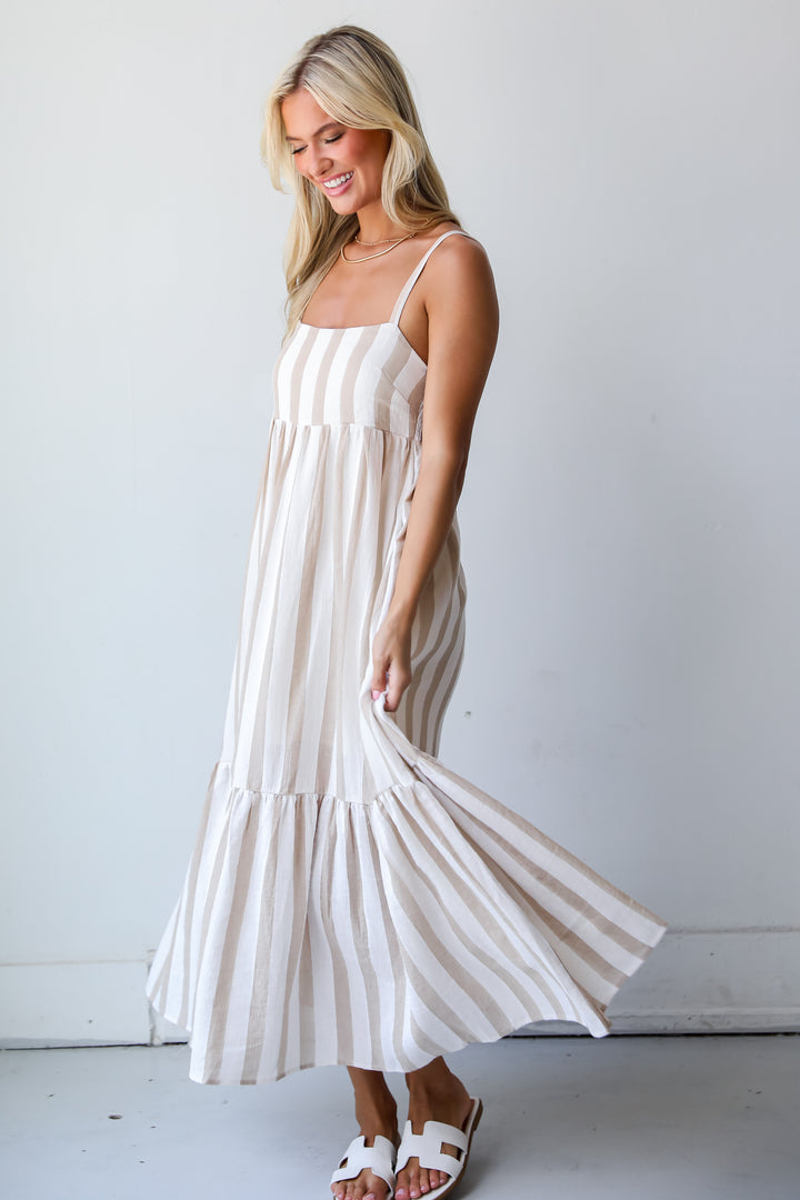 Effective Charm Taupe Striped Maxi Dress