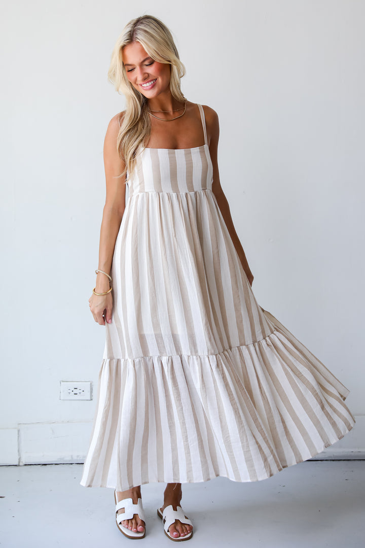 Effective Charm Taupe Striped Maxi Dress