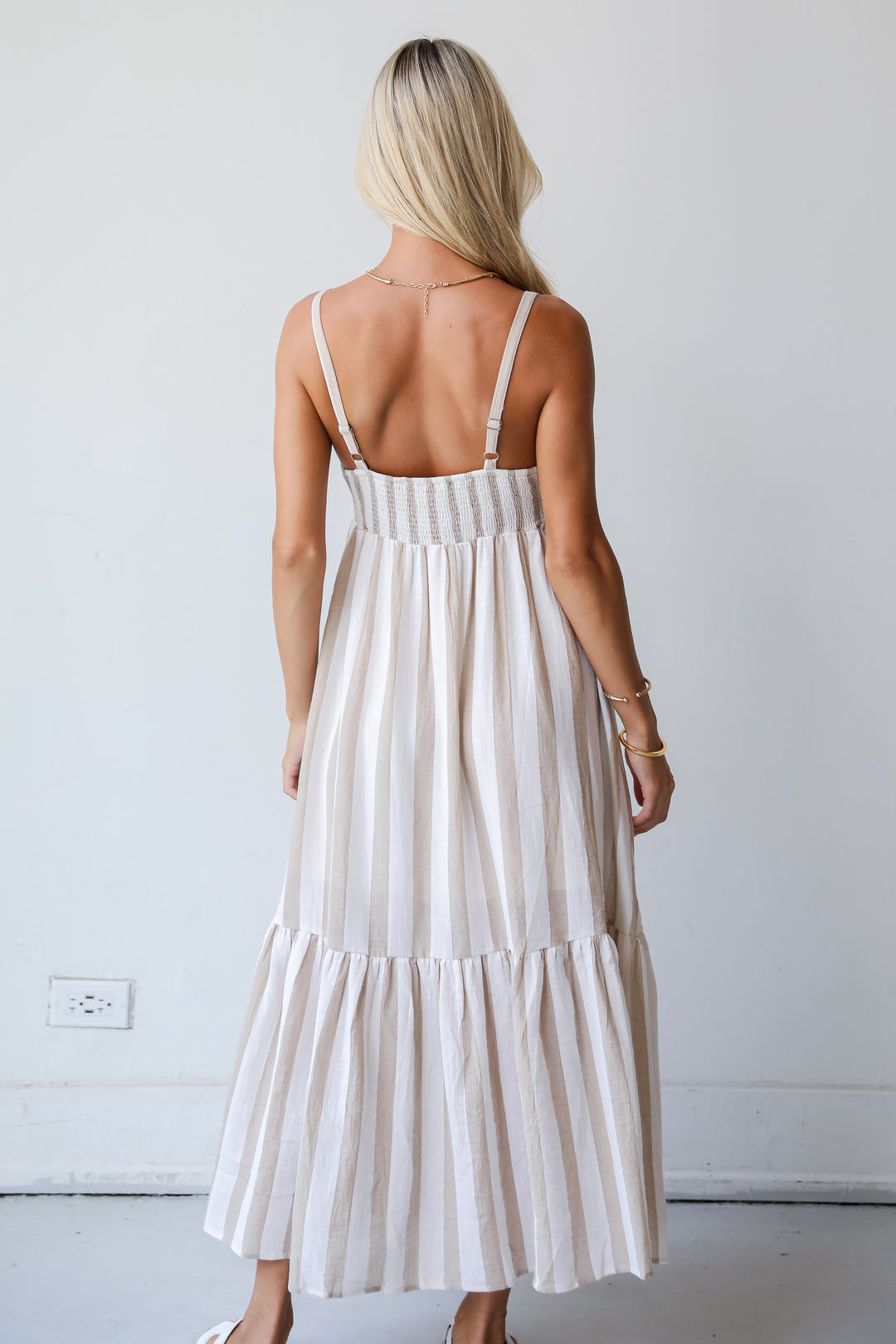 Effective Charm Taupe Striped Maxi Dress