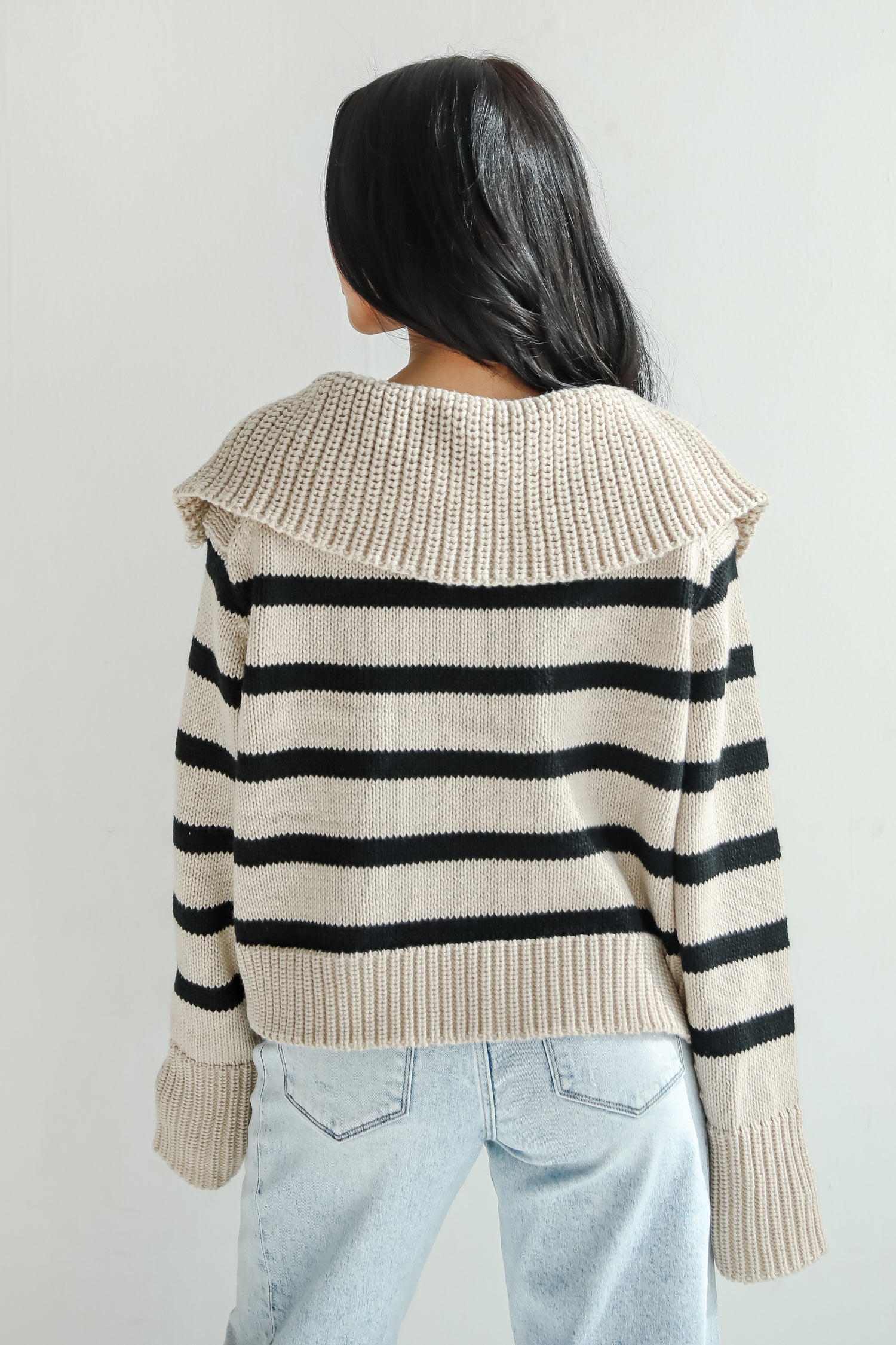 Coziest Cuddles Beige Striped Collared Sweater