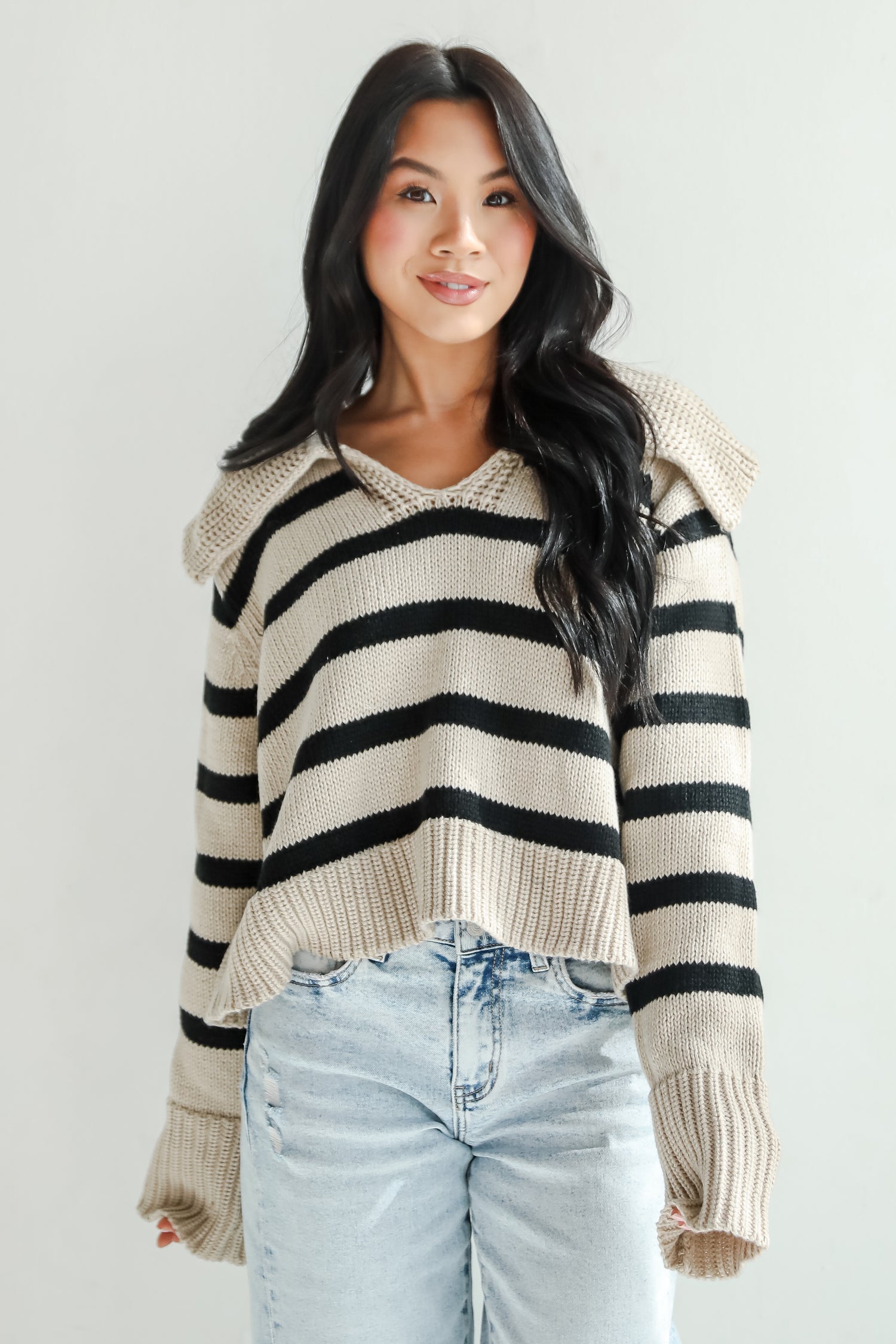 Cute Beige Striped Collared Sweater Cozy Sweaters DressUp