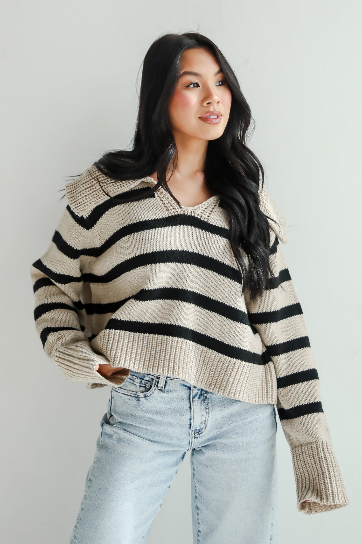 Coziest Cuddles Beige Striped Collared Sweater