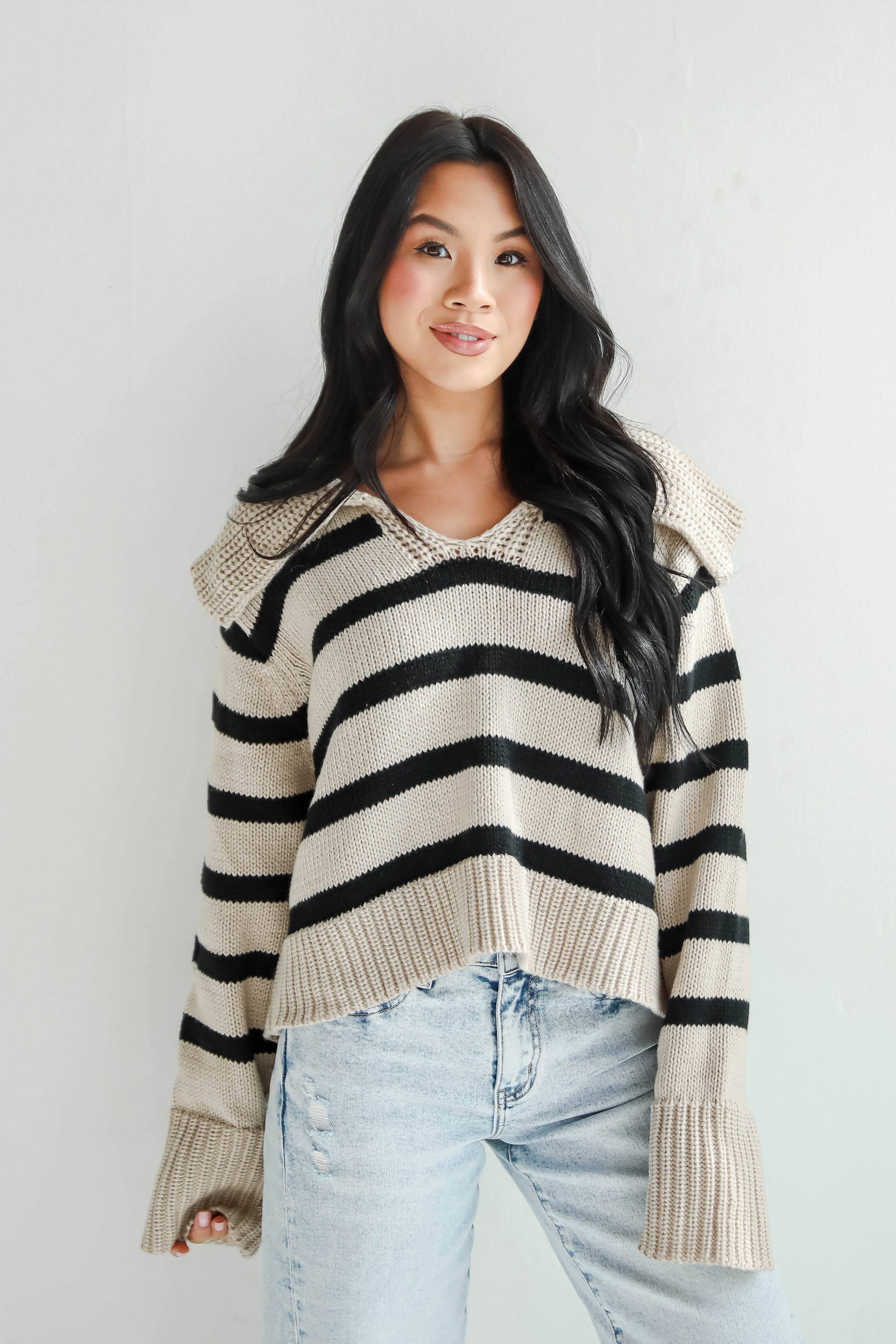 Coziest Cuddles Beige Striped Collared Sweater