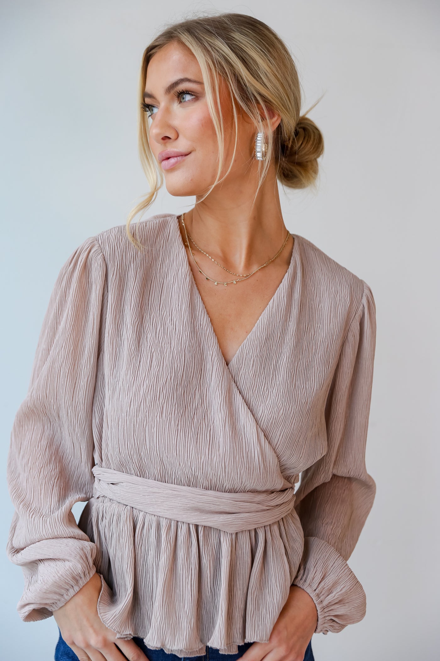 Taupe Textured Surplice Blouse front view
