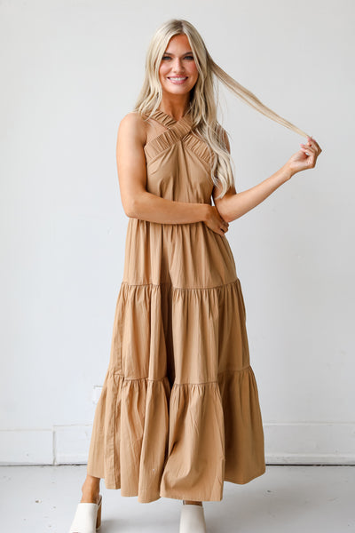 taupe Tiered Maxi Dress front view