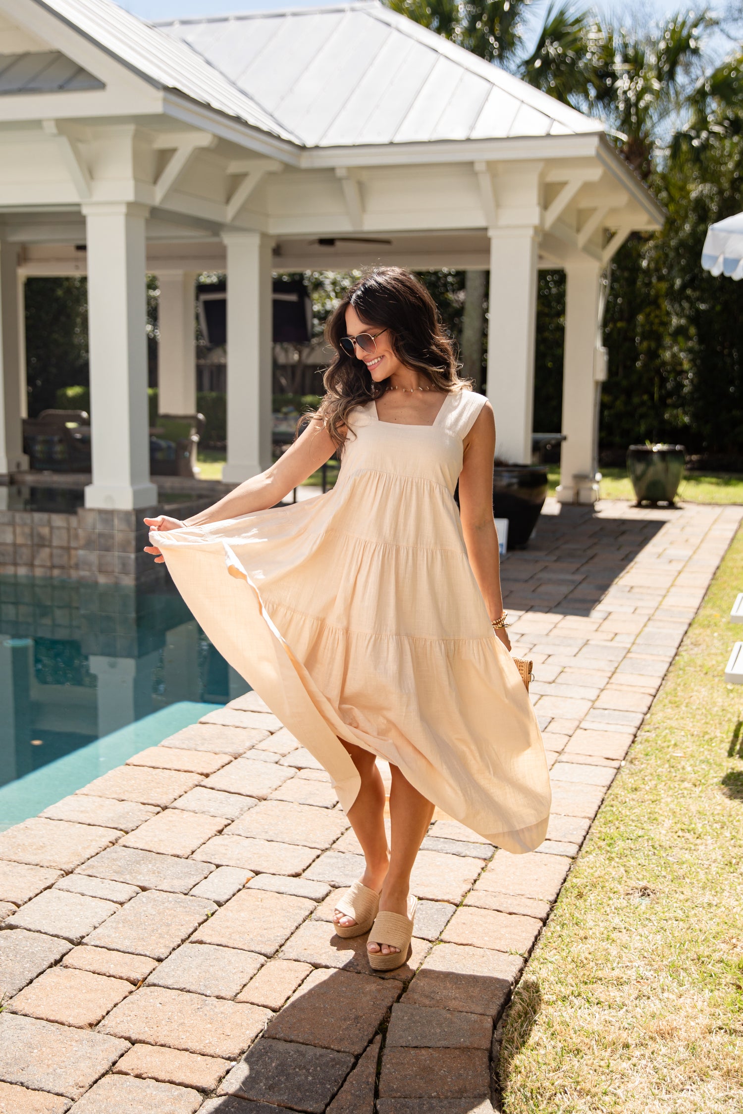 beige tiered midi dress Beige Split Neck Tiered Midi Dress