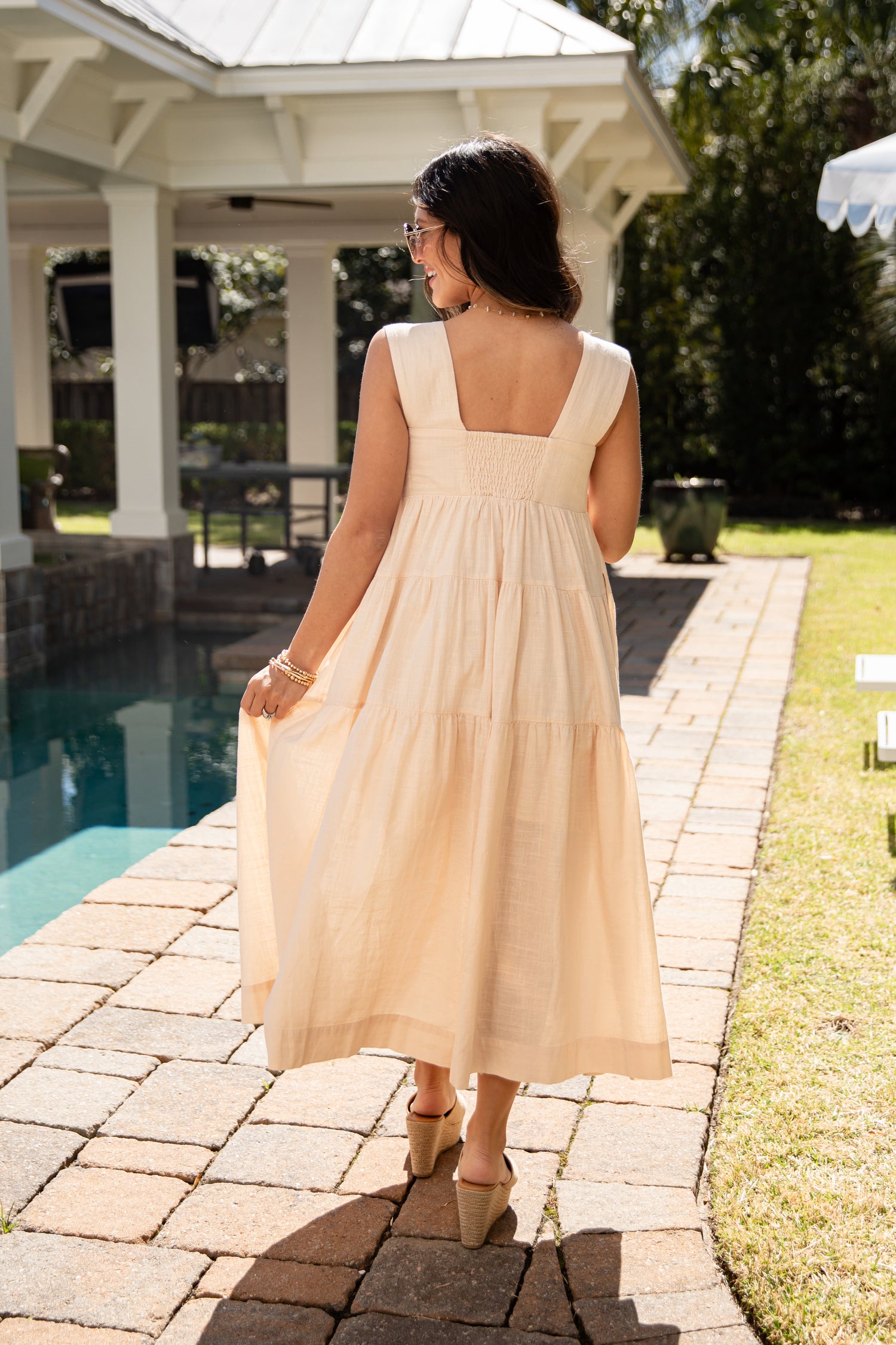 beige tiered midi dress Humayma Beige Lace Tiered Midi Dress, S / Neutrals