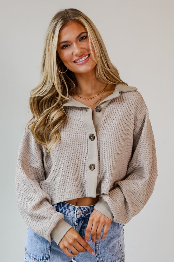 Taupe Waffle Knit Button-Front Top on model