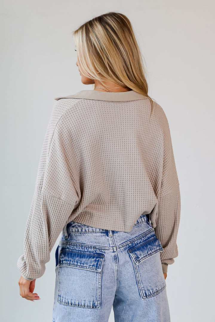 casual Taupe Waffle Knit Button-Front Top back view