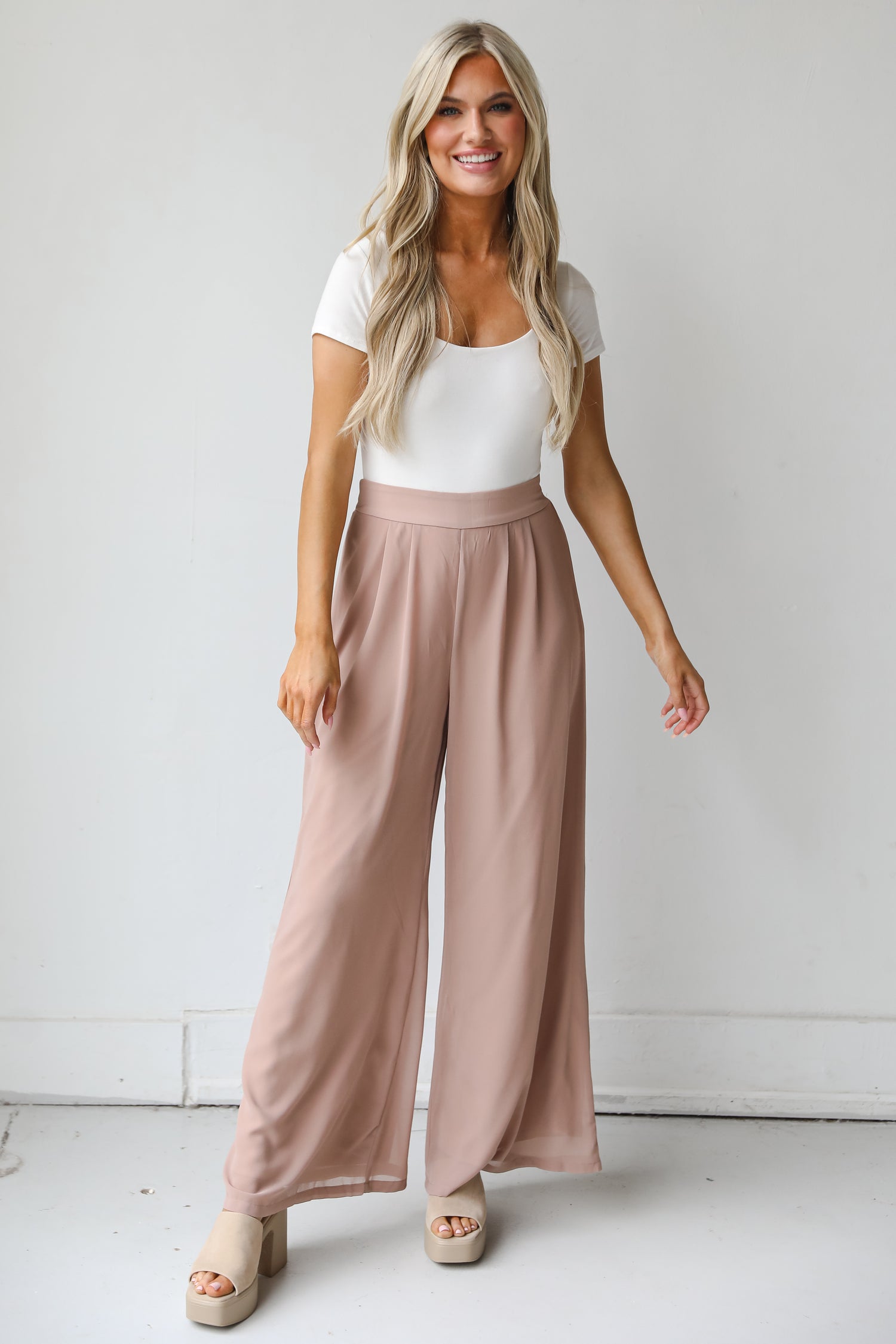 taupe Wide Leg Pants on model