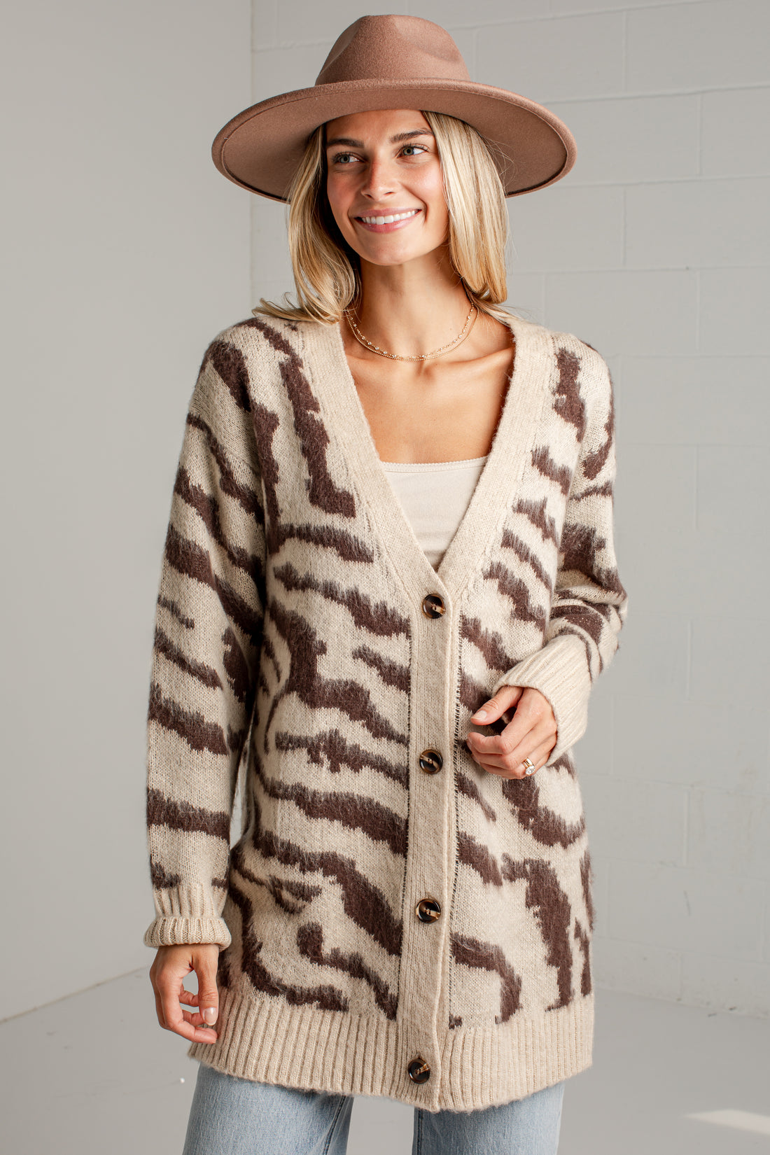 Untamed Taupe Zebra Print Oversized Knit Cardigan