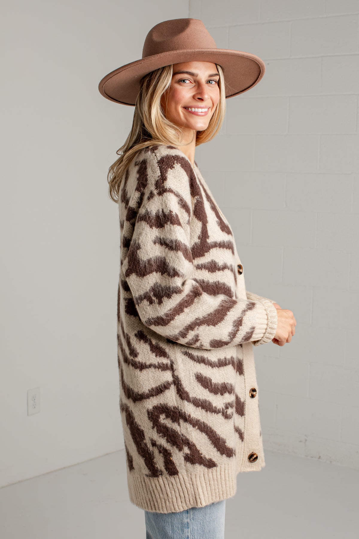 Untamed Taupe Zebra Print Oversized Knit Cardigan