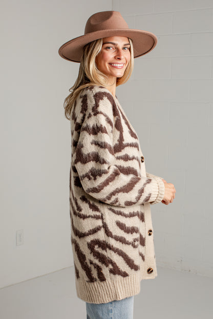 Untamed Taupe Zebra Print Oversized Knit Cardigan