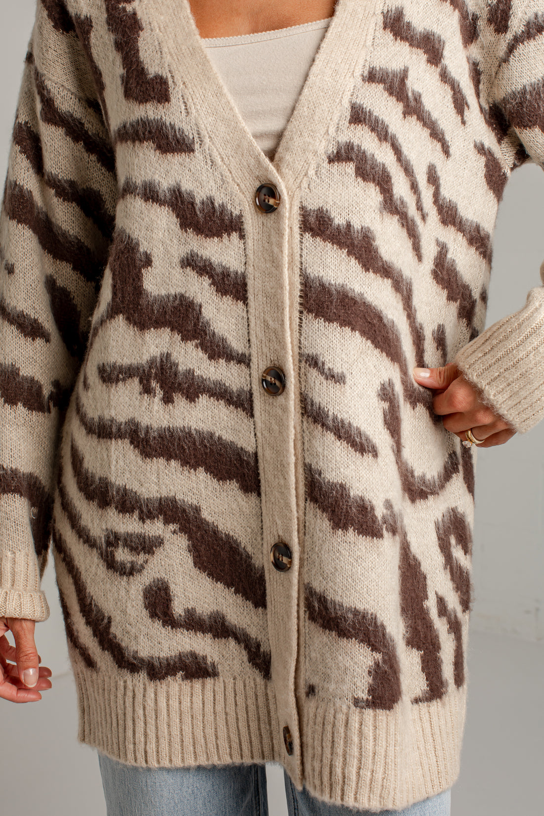 Untamed Taupe Zebra Print Oversized Knit Cardigan