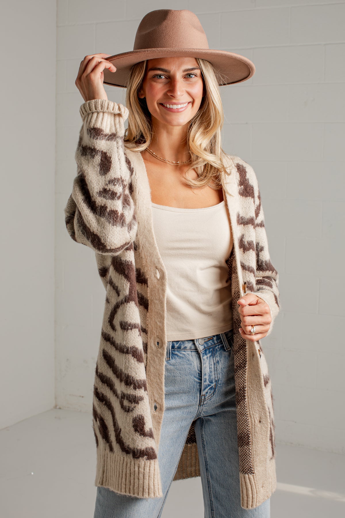 Untamed Taupe Zebra Print Oversized Knit Cardigan