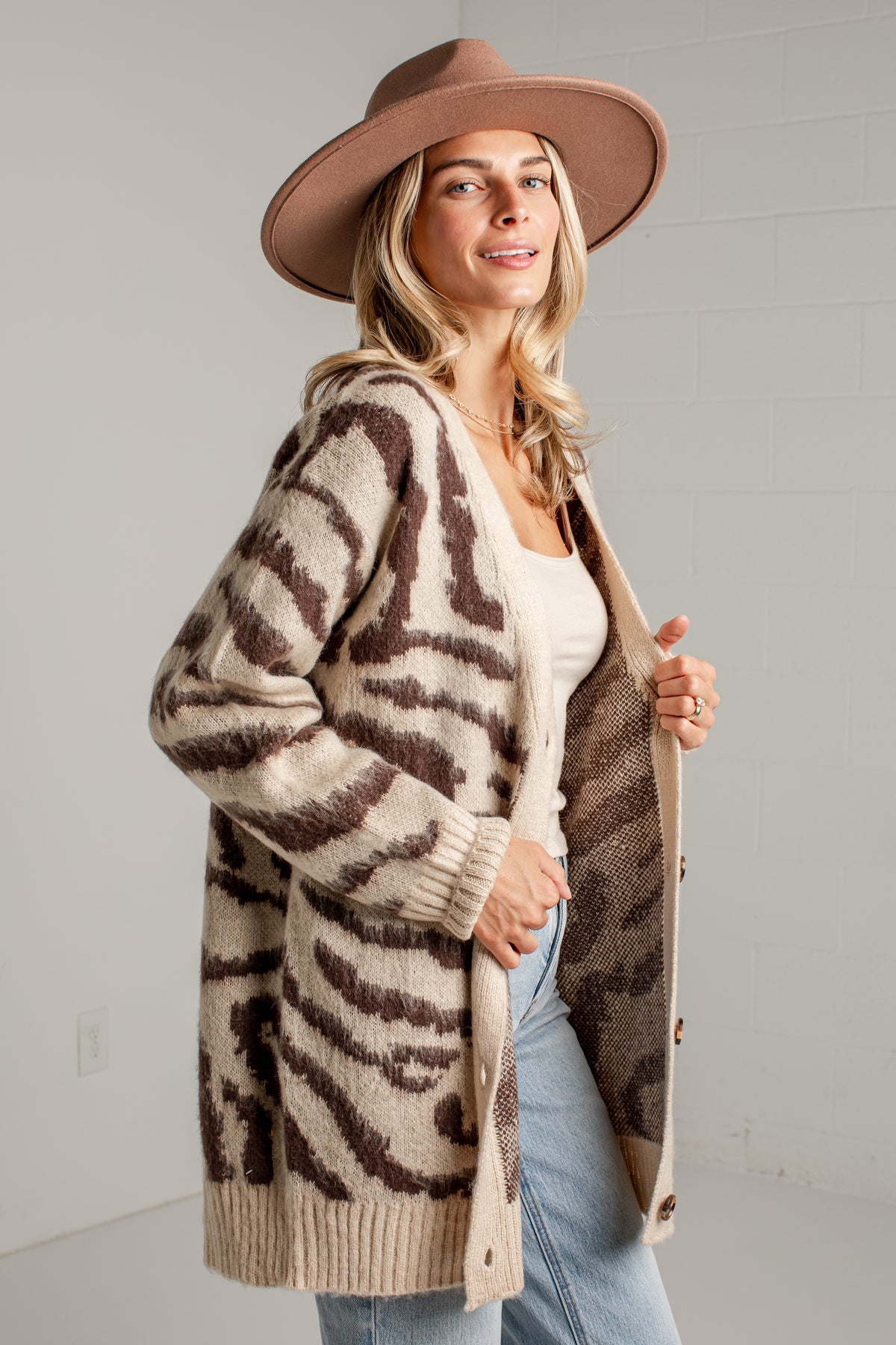 Untamed Taupe Zebra Print Oversized Knit Cardigan