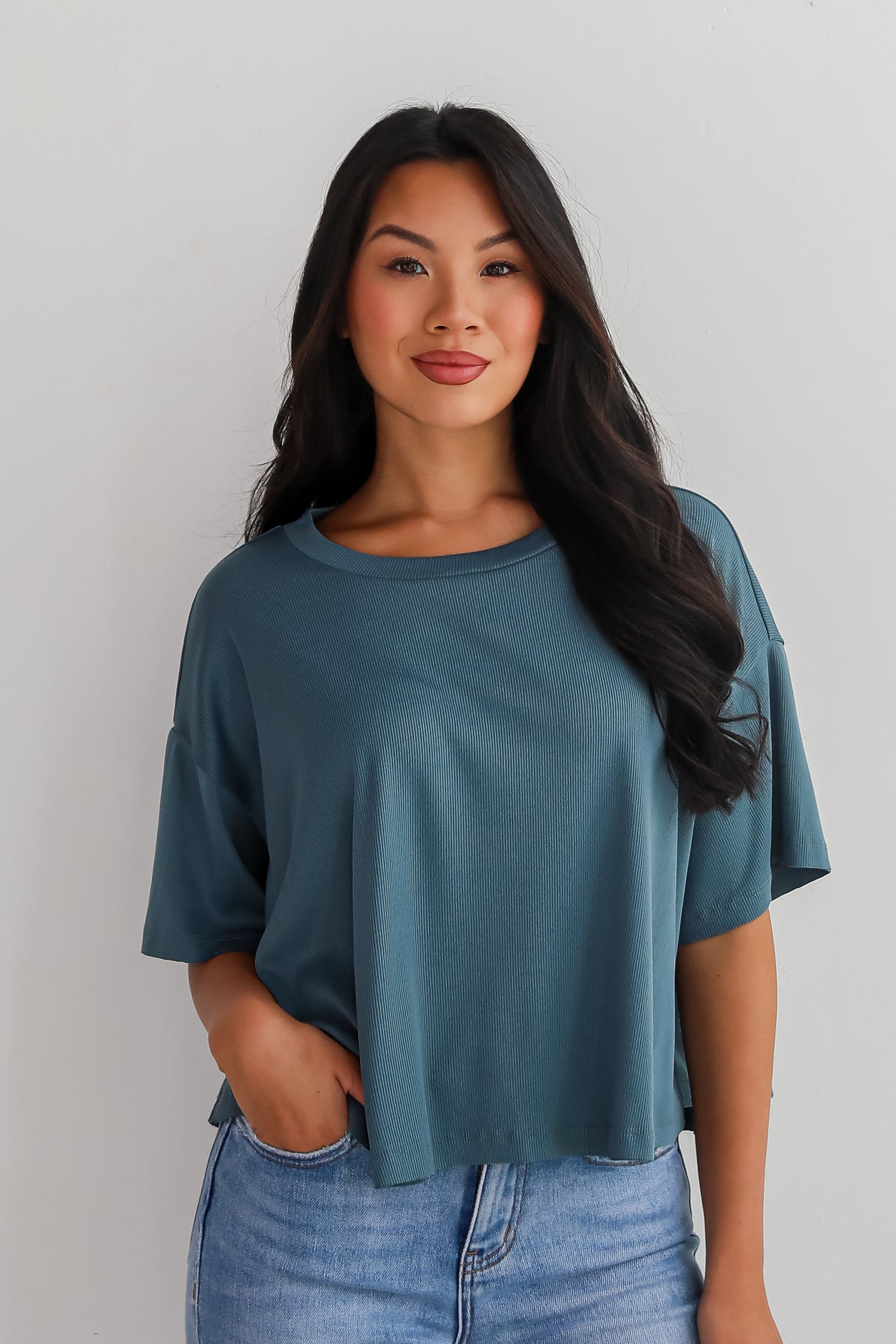 Catherine Teal Ribbed Knit Tee