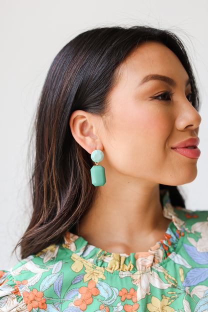 teal Gemstone Drop Earrings close up