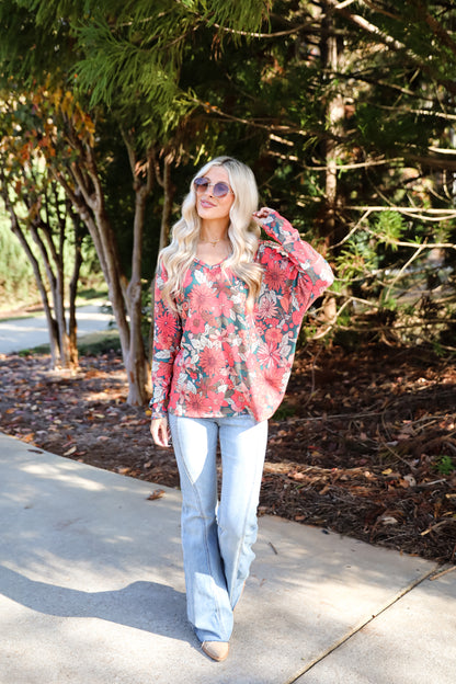 Simply Brilliant Teal Floral Knit Top