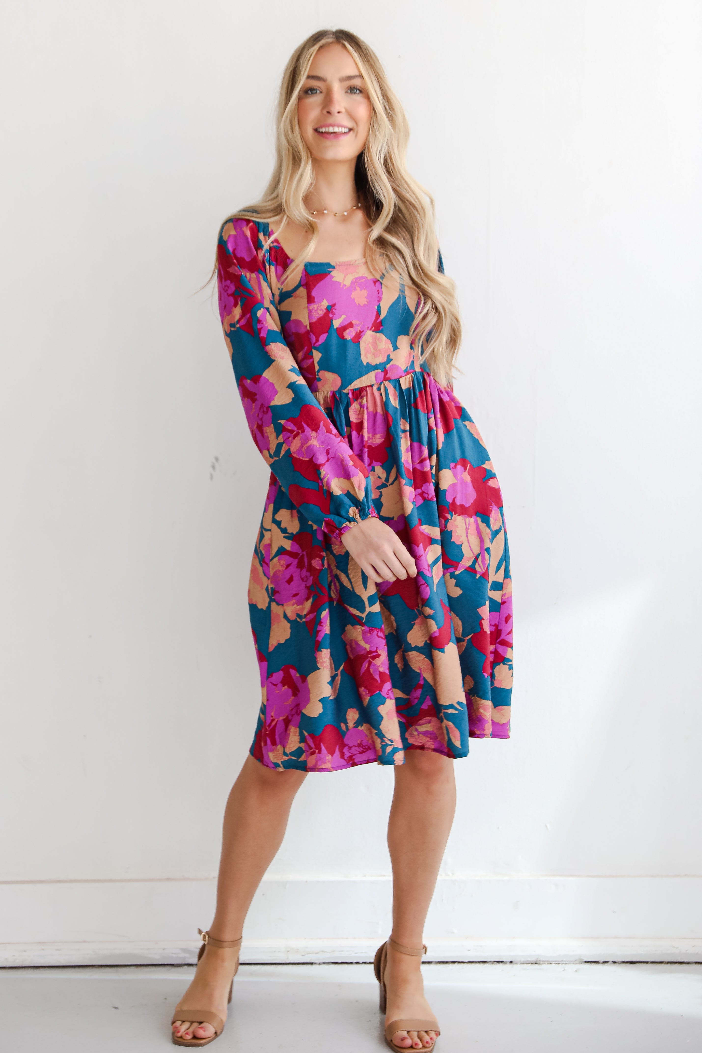 cute Teal Floral Midi Dress