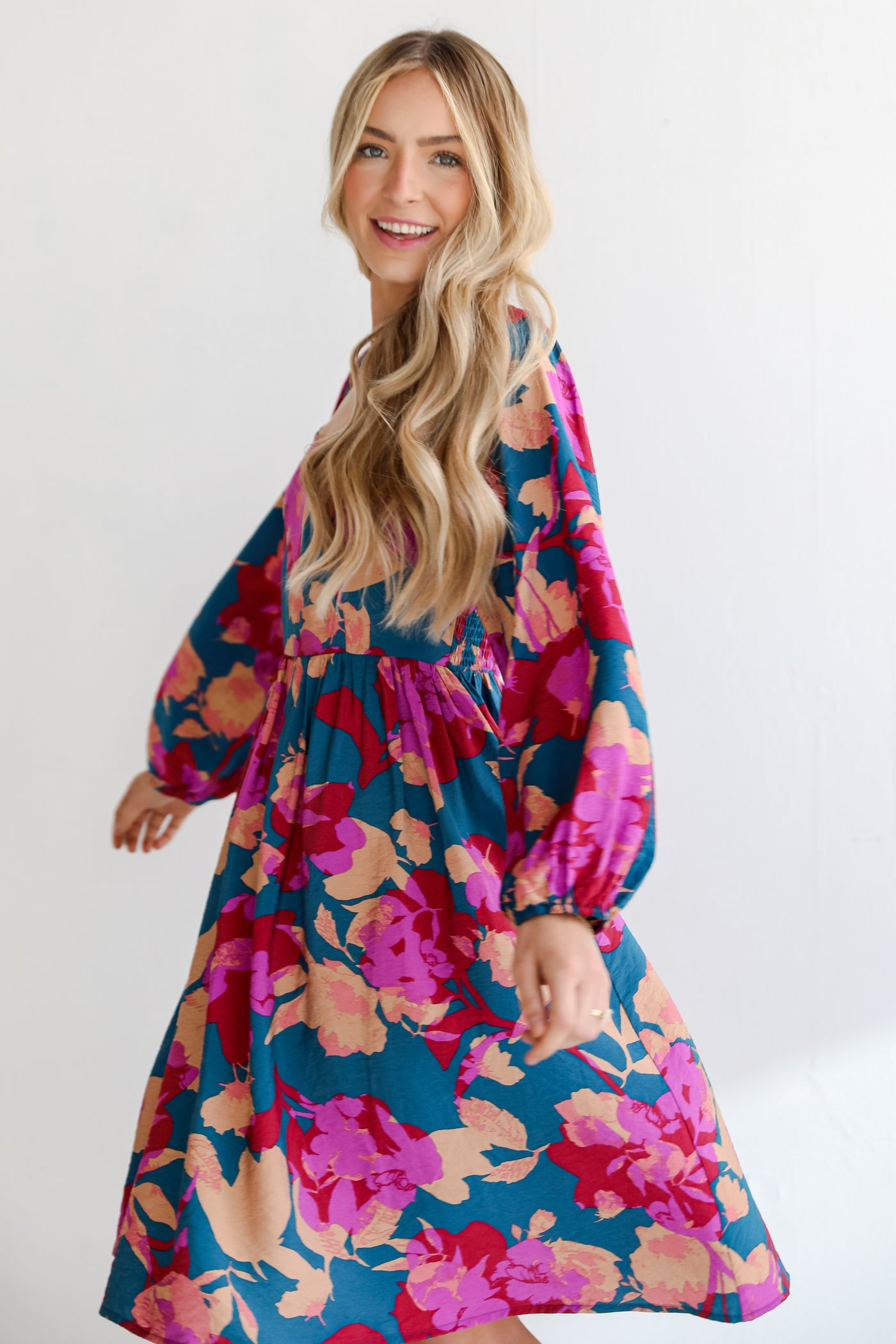 cute Teal Floral Midi Dress