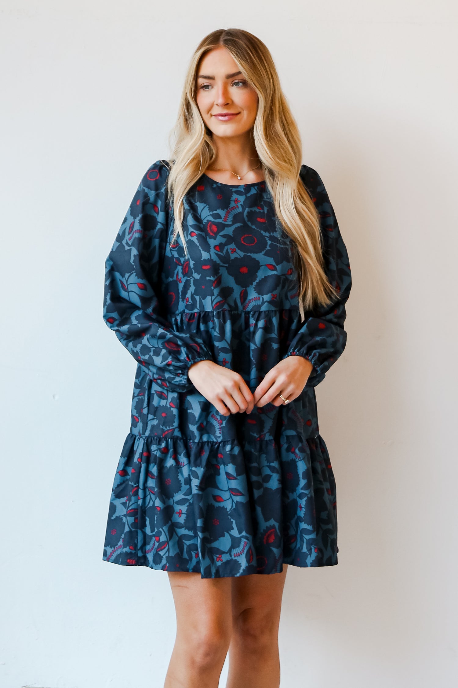 Teal Floral Mini Dress front view