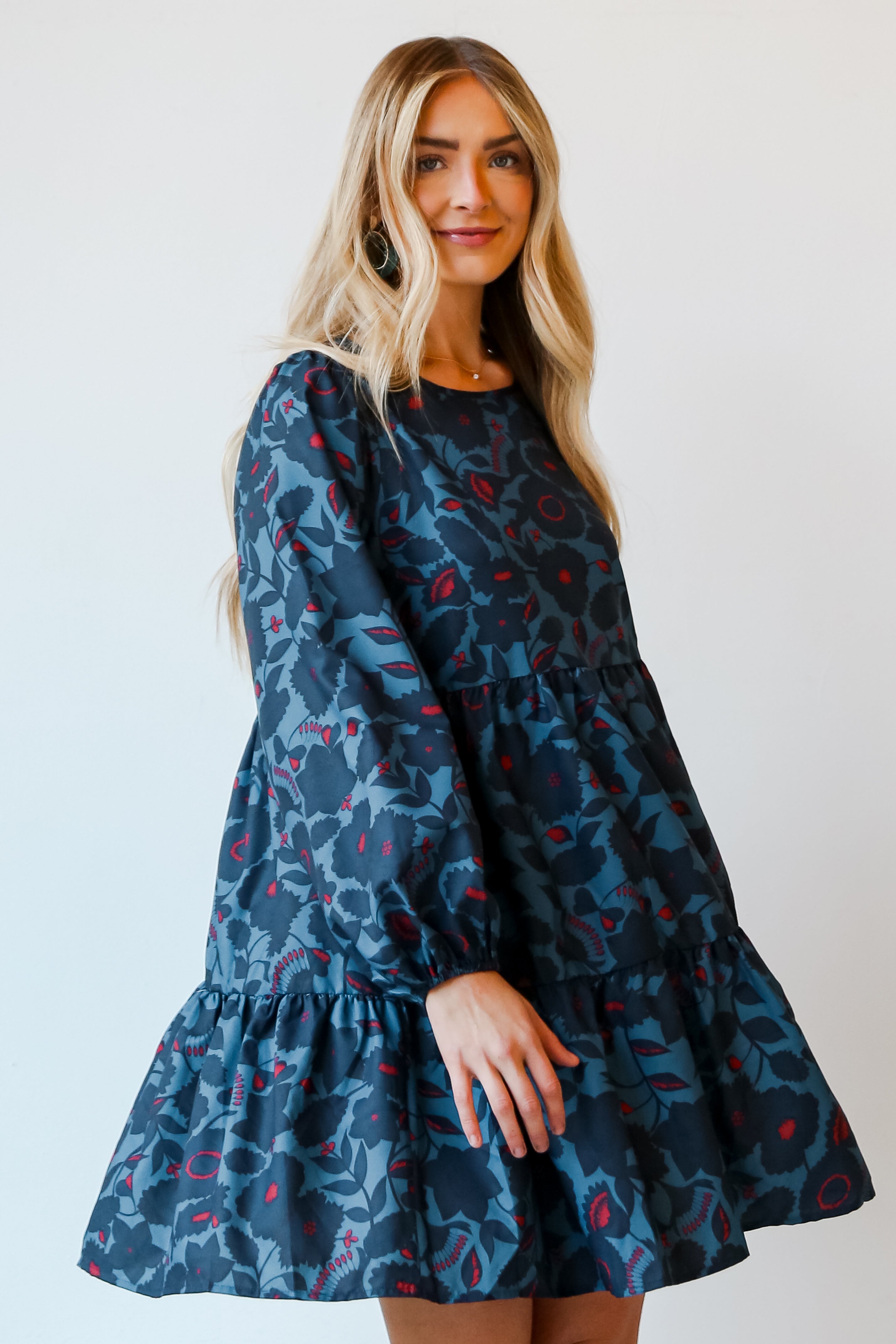 Teal Floral Mini Dress on dress up model