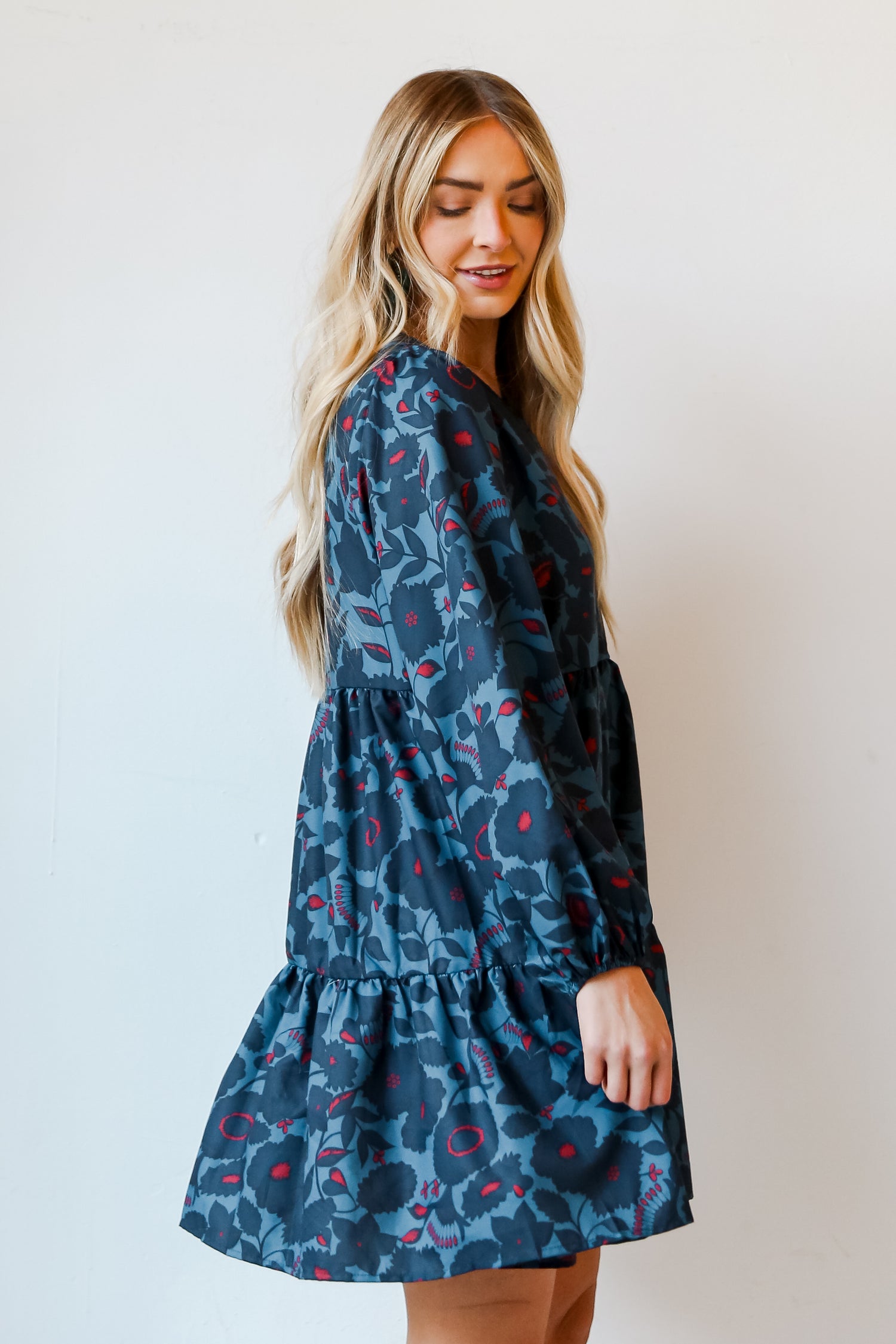 Teal Floral Mini Dress side view