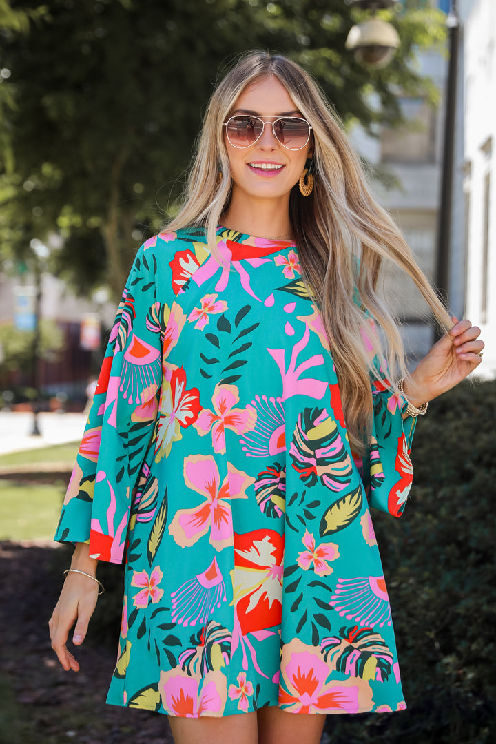 Island Ease Teal Tropical Mini Dress