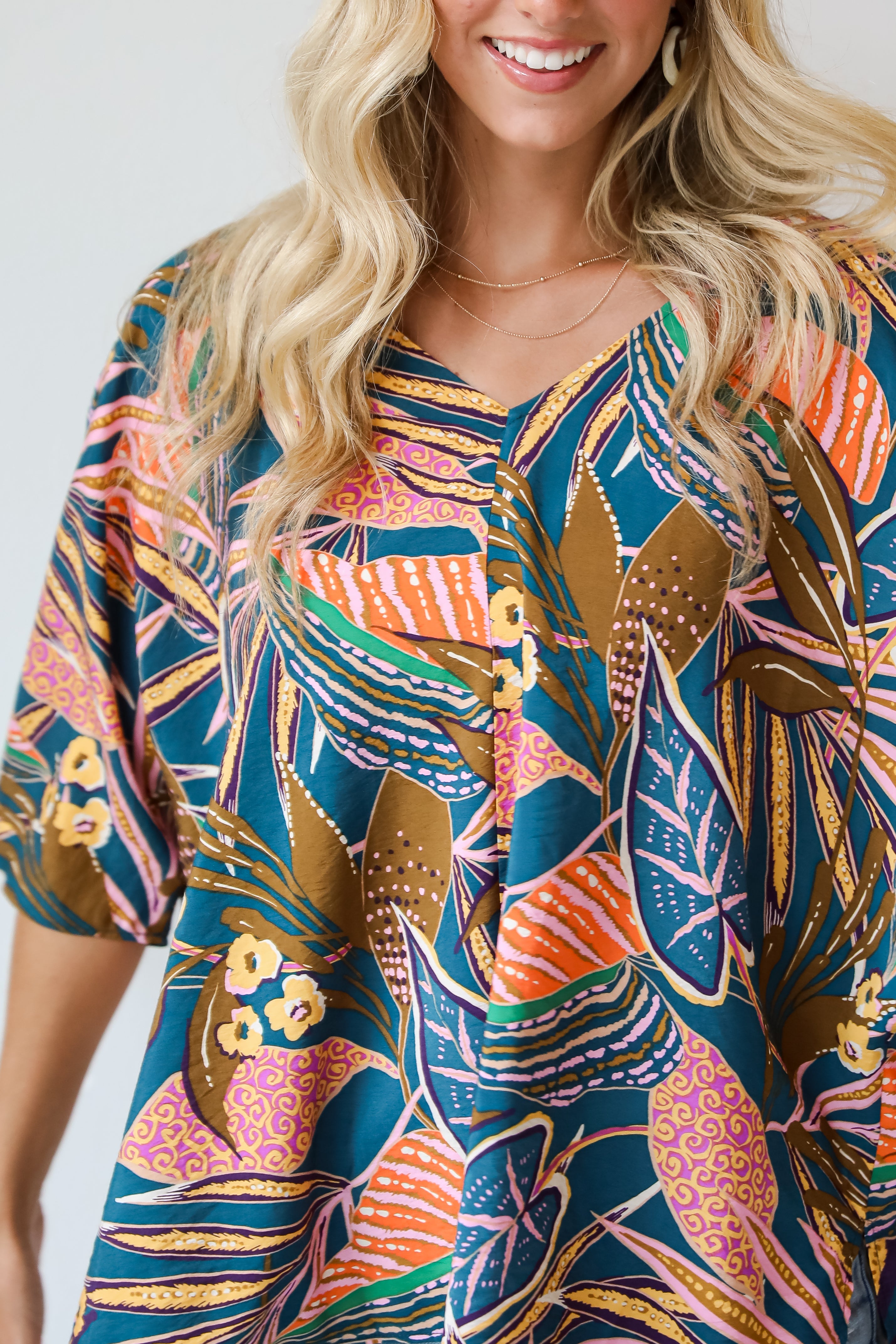 Incredible Allure Teal Leaf Print Oversized Blouse