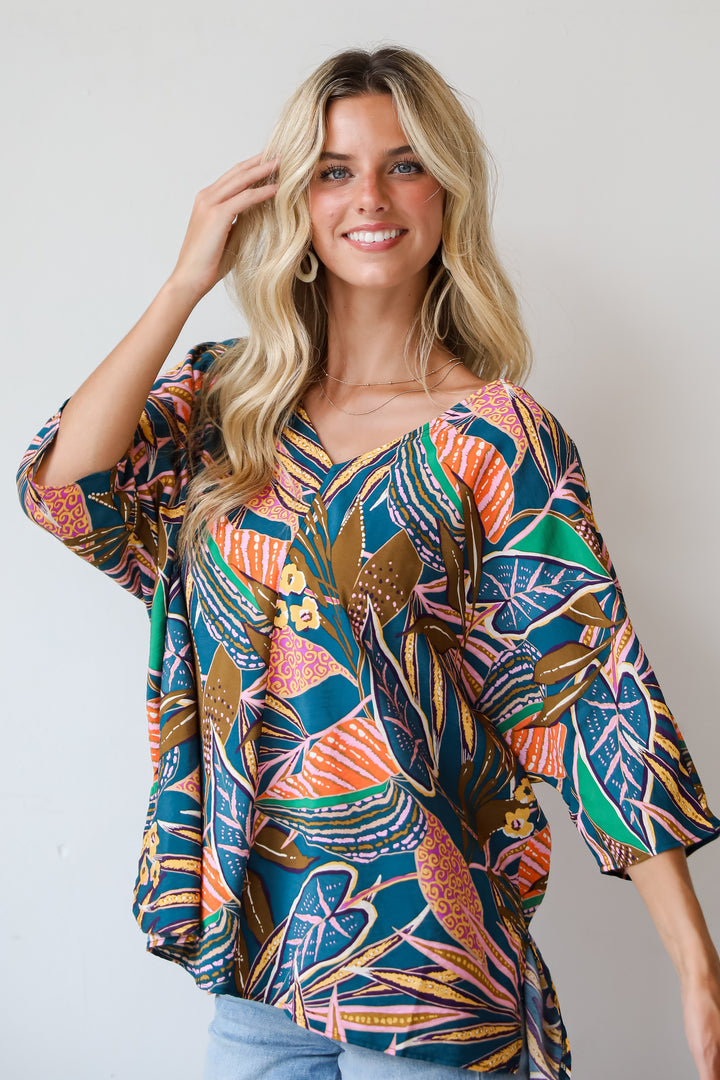 Incredible Allure Teal Leaf Print Oversized Blouse