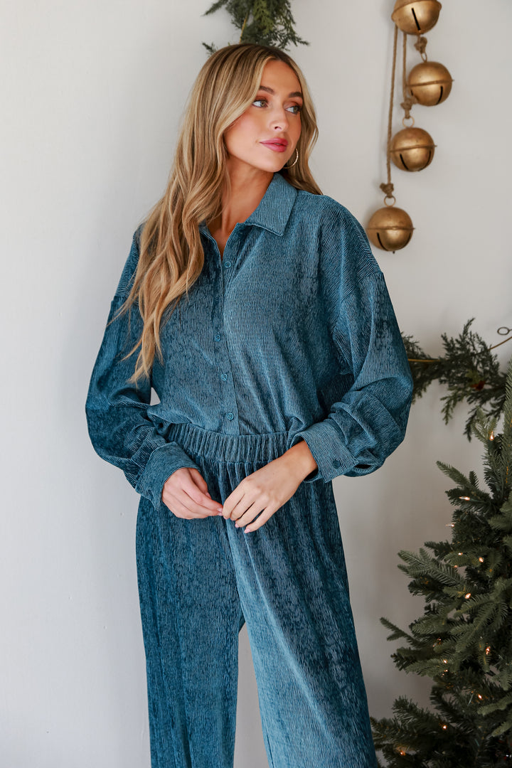 trendy Teal Velvet Plisse Blouse