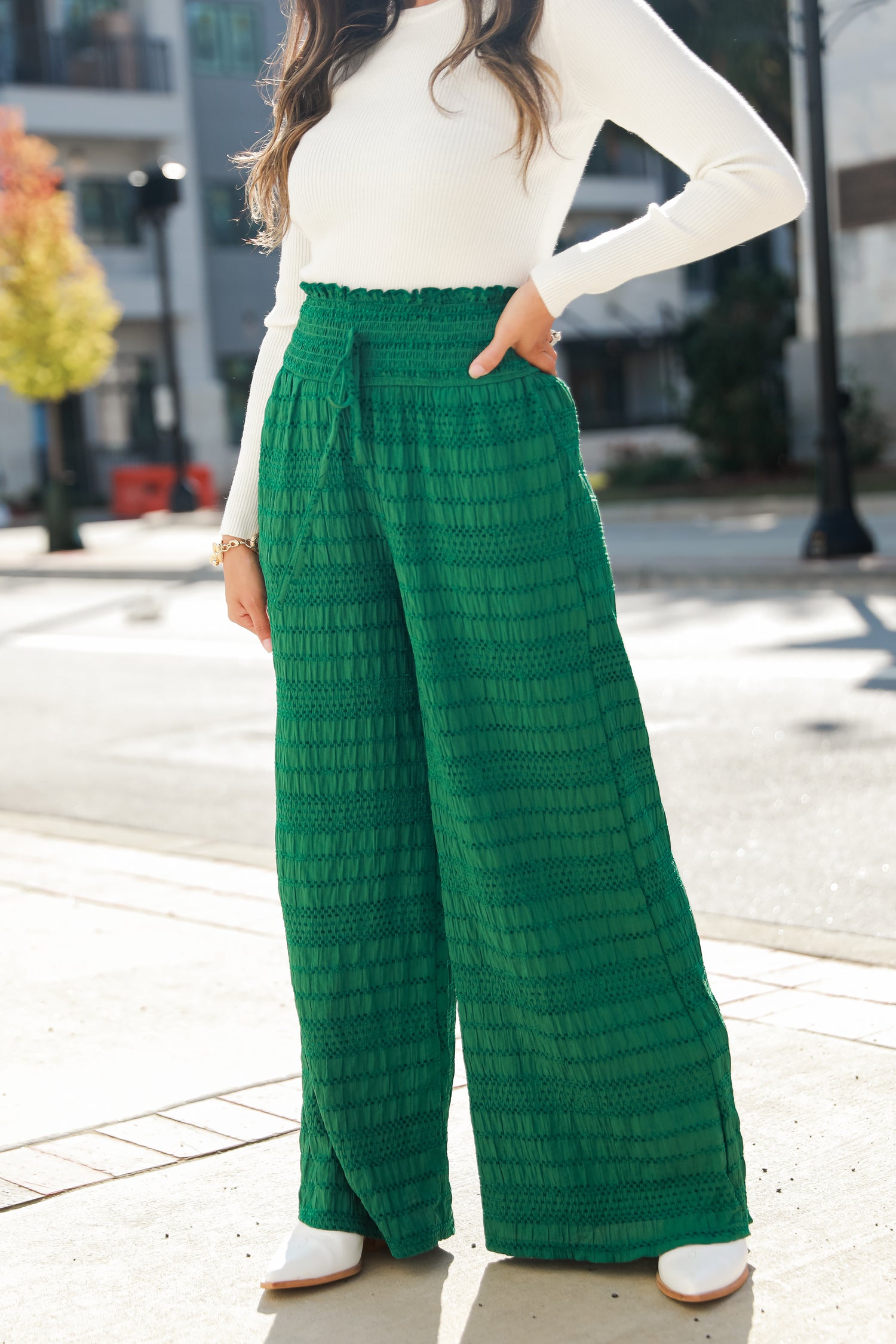 green Textured Wide Leg Pants