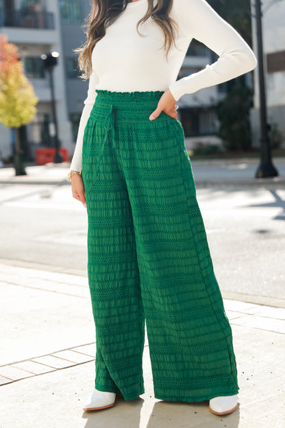green Textured Wide Leg Pants