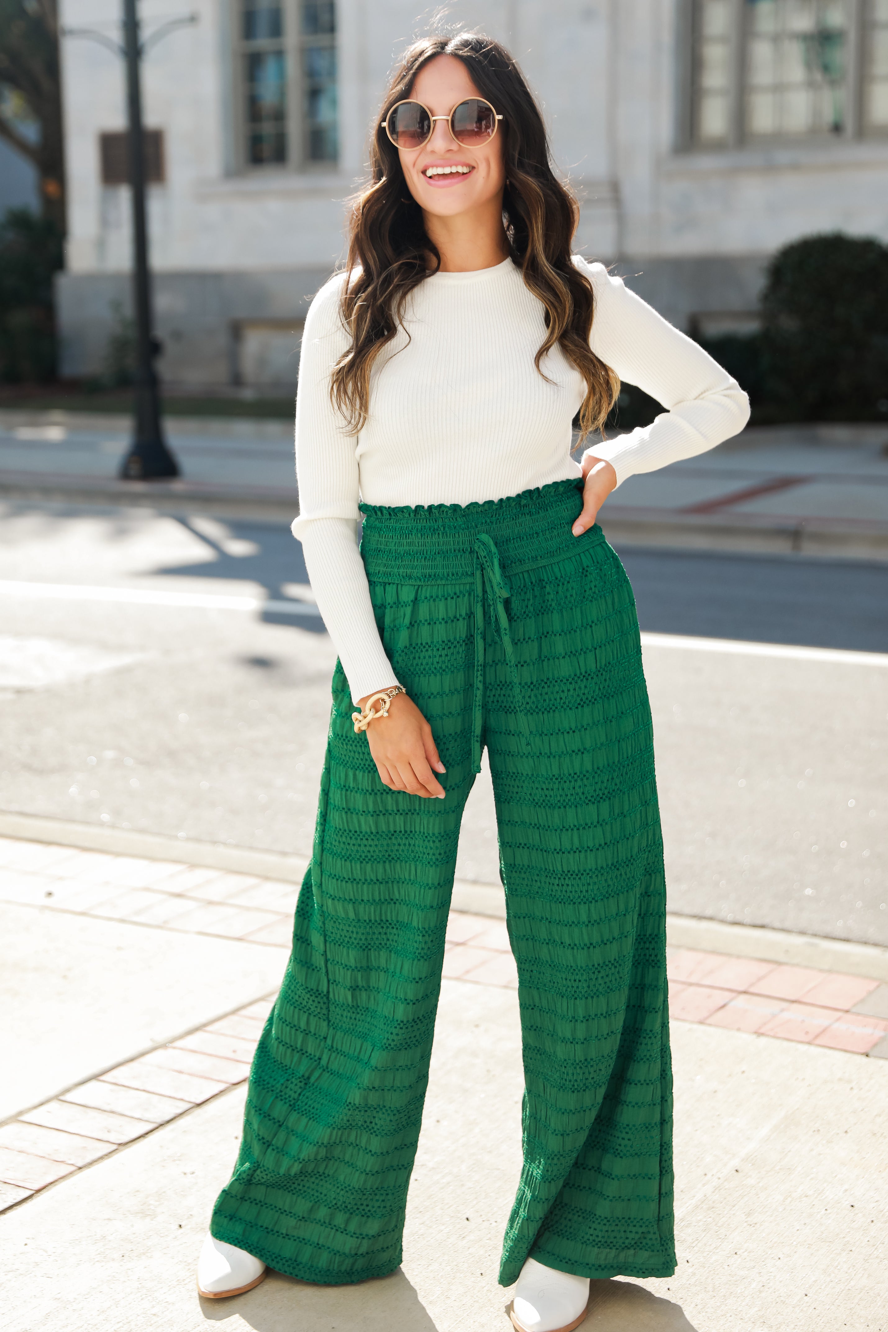 green Textured Wide Leg Pants on model