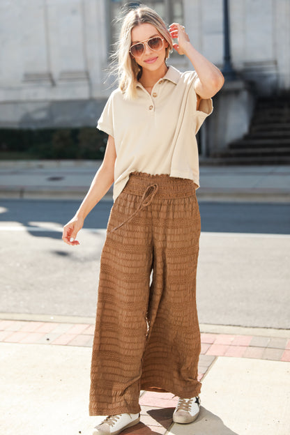 brown Textured Wide Leg Pants on model