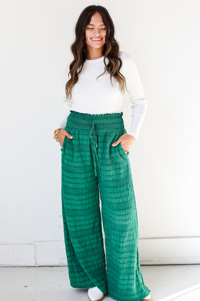 green Textured Wide Leg Pants front view