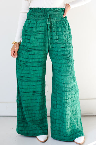 green Textured Wide Leg Pants close up