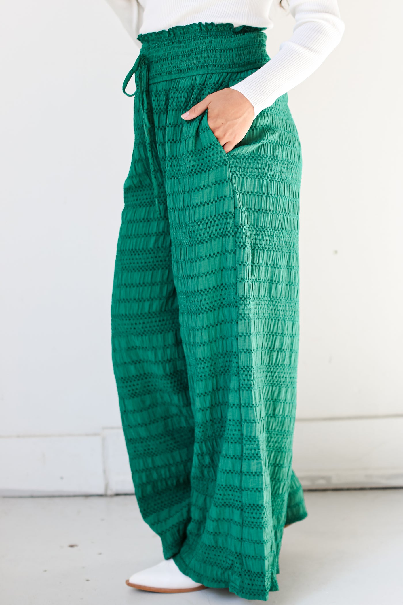 green Textured Wide Leg Pants side view