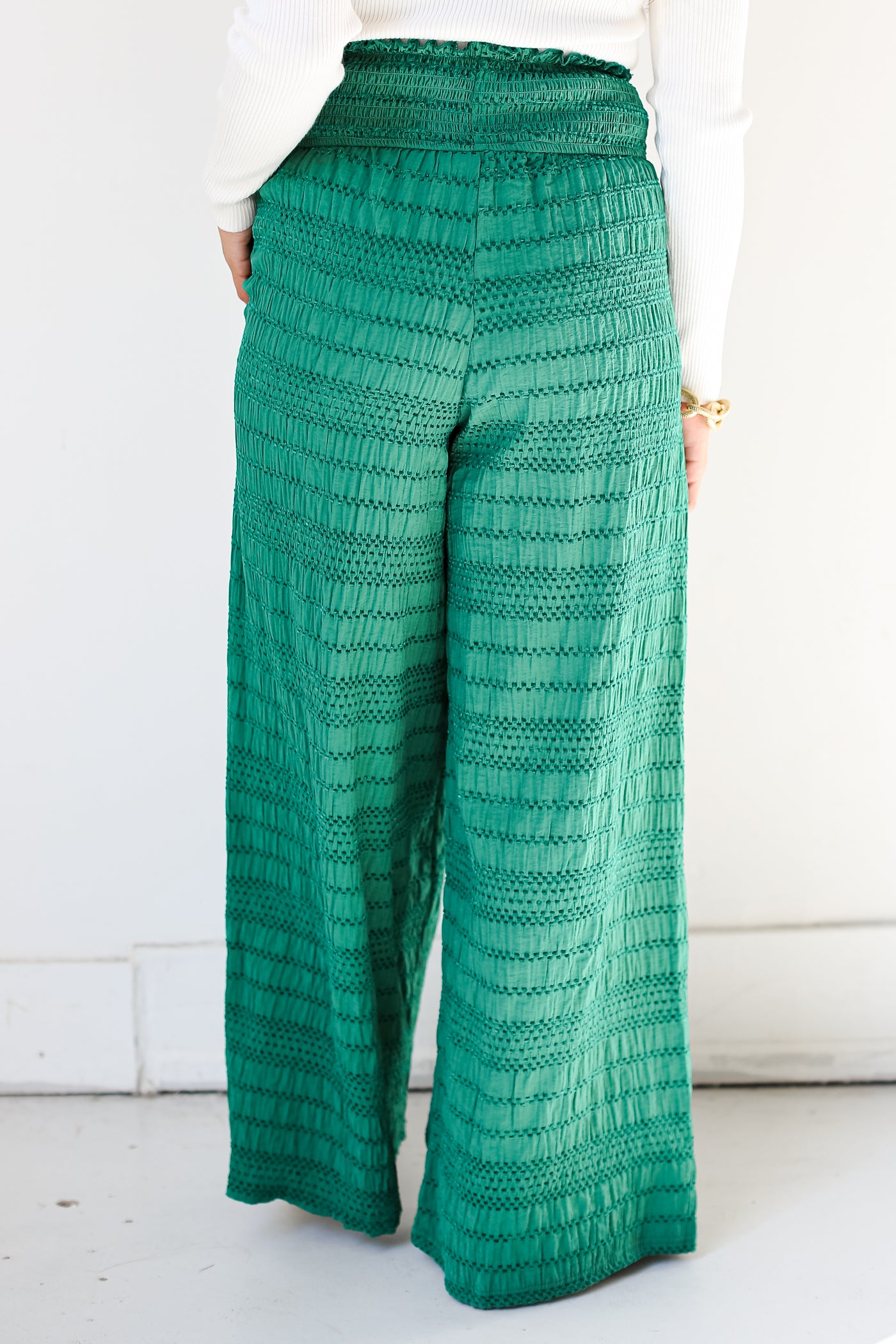 green Textured Wide Leg Pants back view