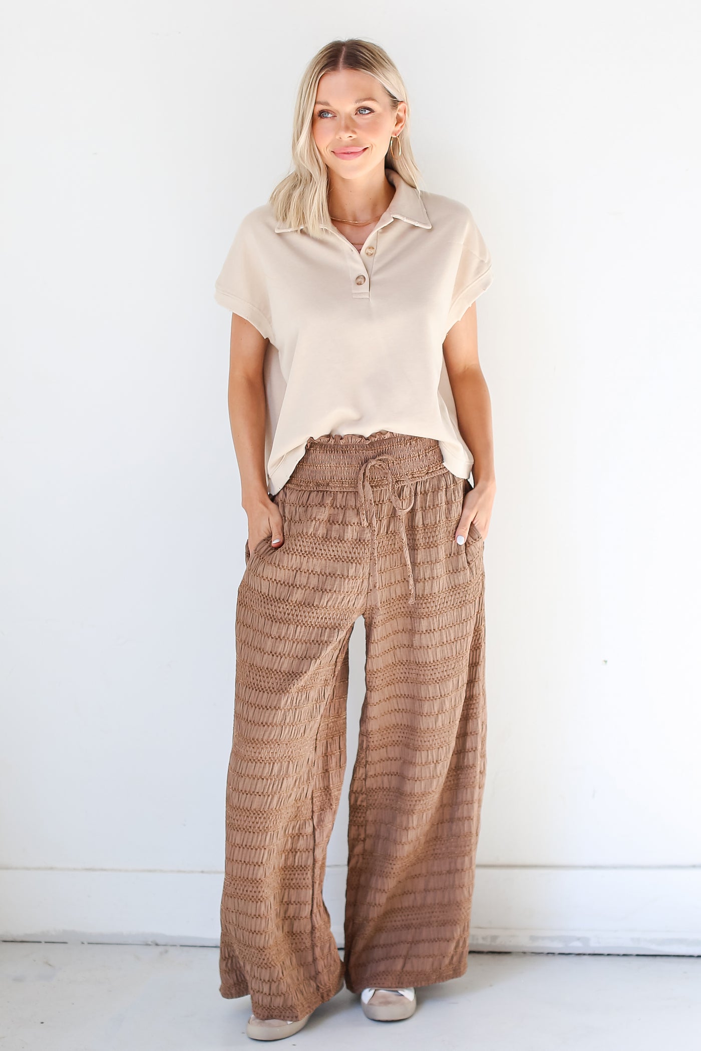 brown Textured Wide Leg Pants front view