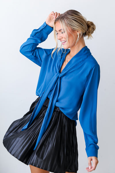 blue Tie-Front Button-Up Blouse on dress up model