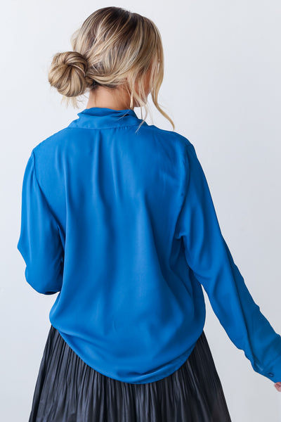 blue Tie-Front Button-Up Blouse back view