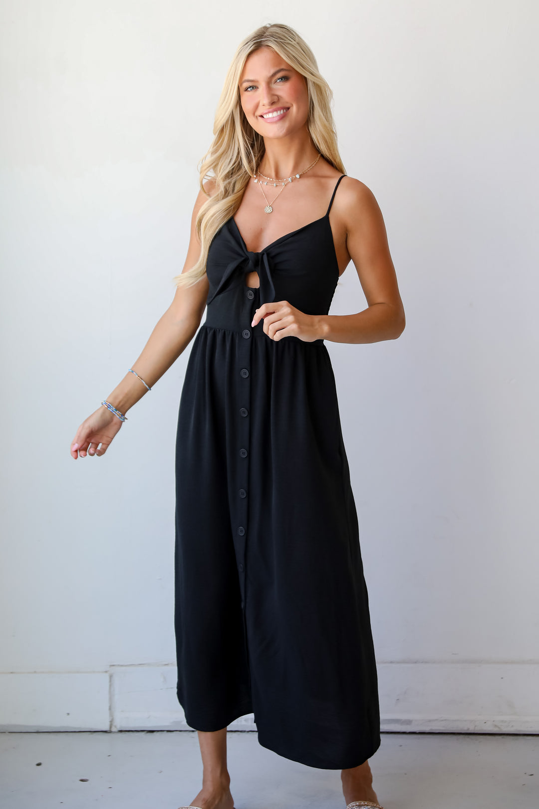 flowy black Tie-Front Midi Dress