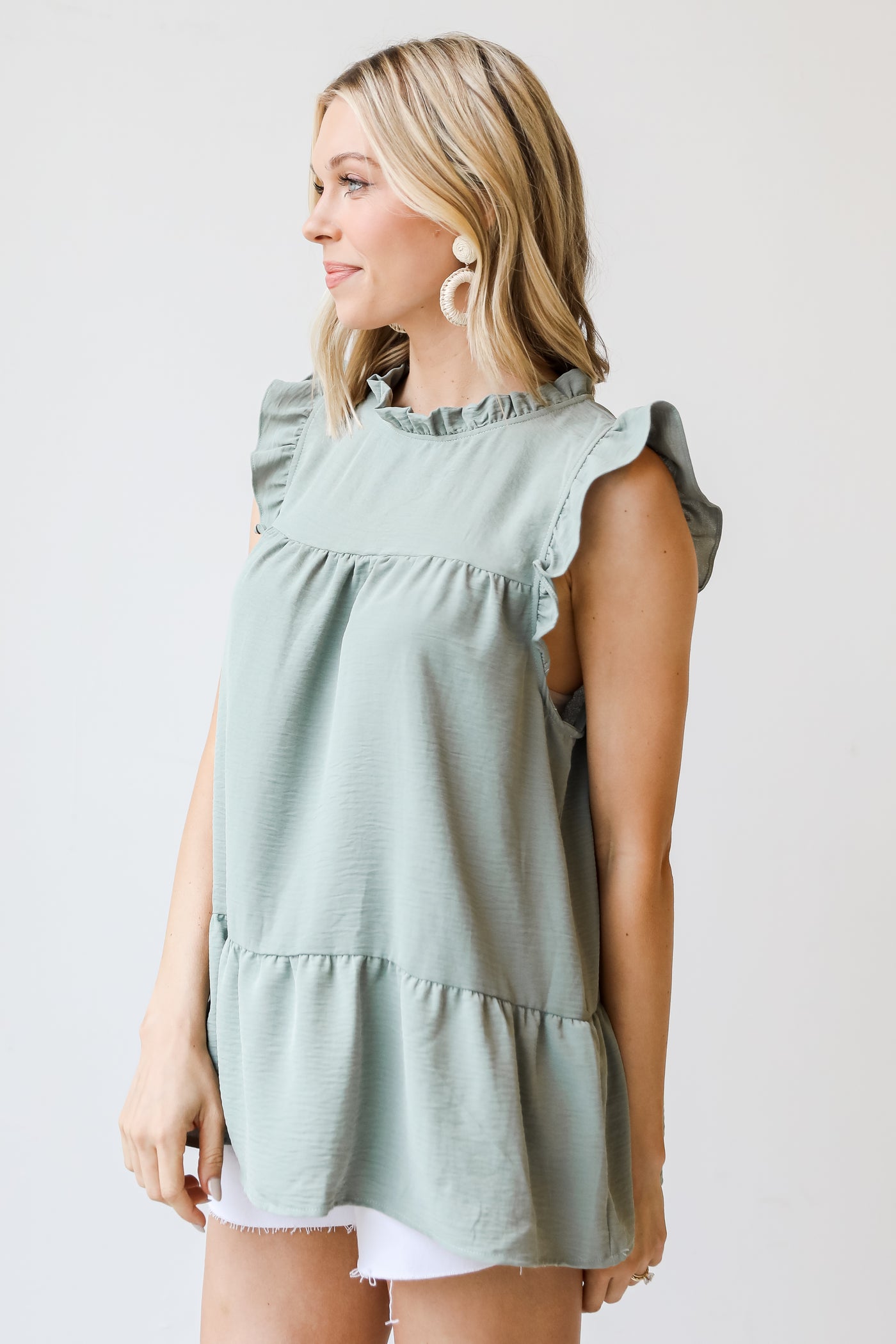 sage Tiered Sleeveless Blouse side view