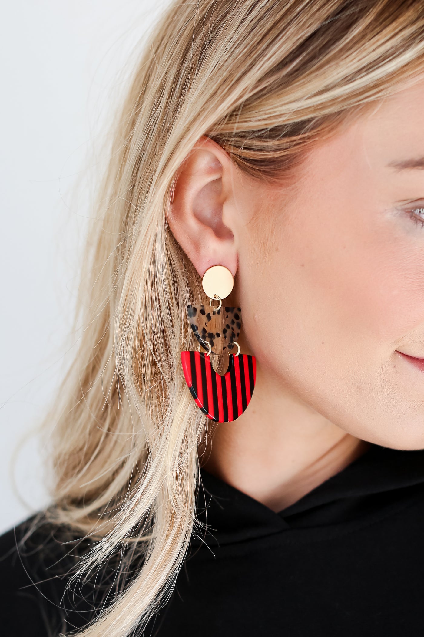 Red + Black Statement Tiered Drop Earrings close up