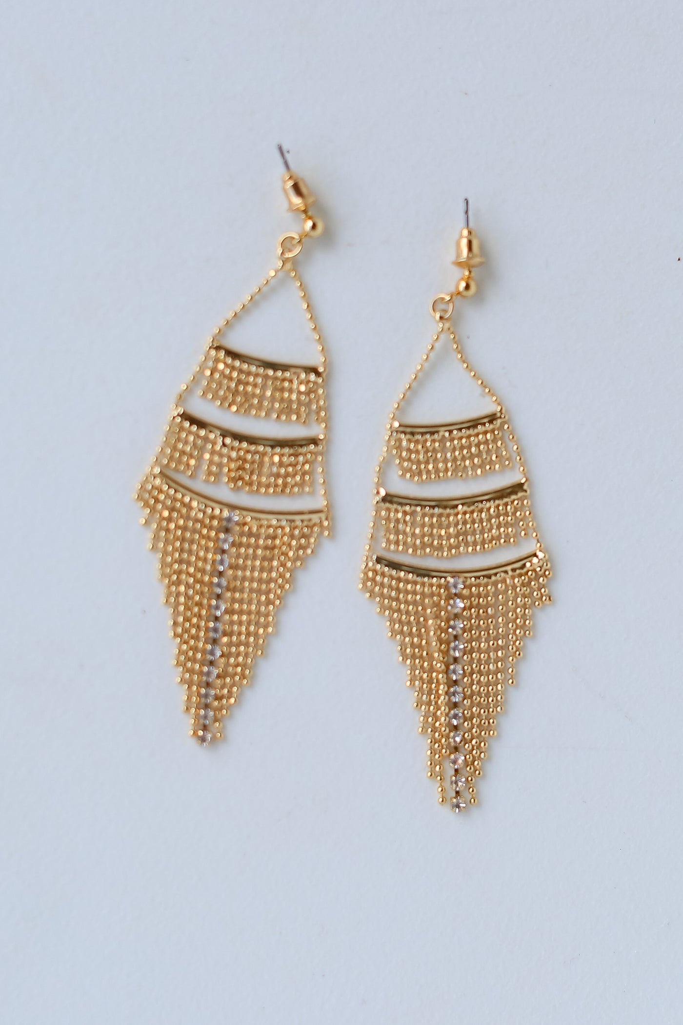 Gold Tiered Fringe Drop Earrings close up