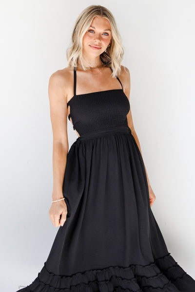 black Halter Maxi Dress on model