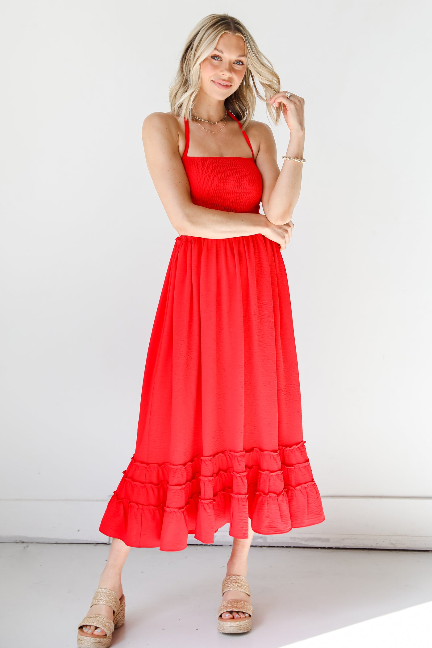 red Halter Maxi Dress on model