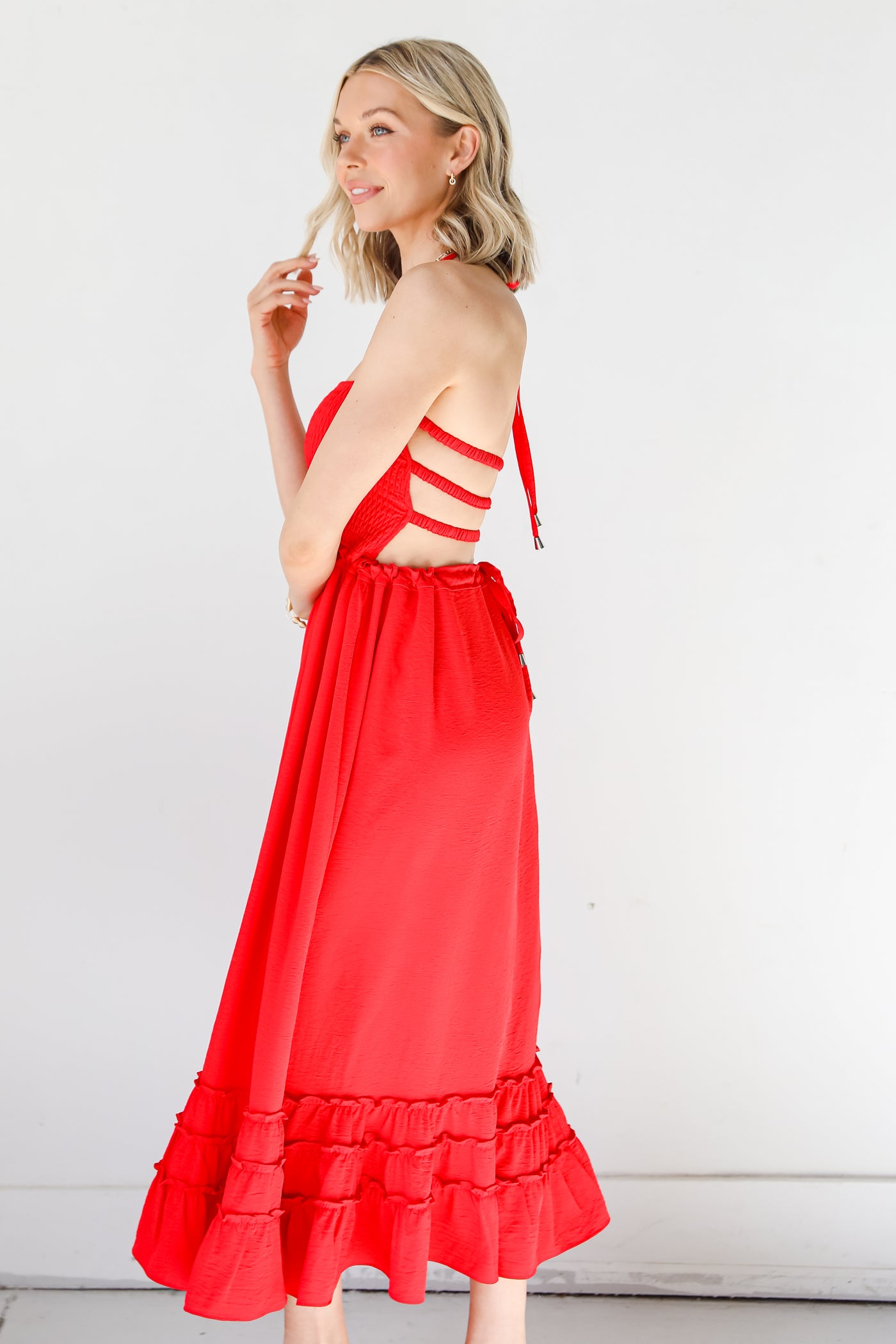 red Halter Maxi Dress side view